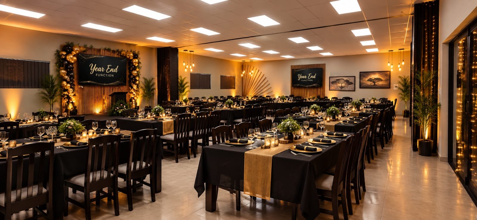 Year-end function set with long banquet tables and stage backdrop at Forest Lodge, St Lucia
